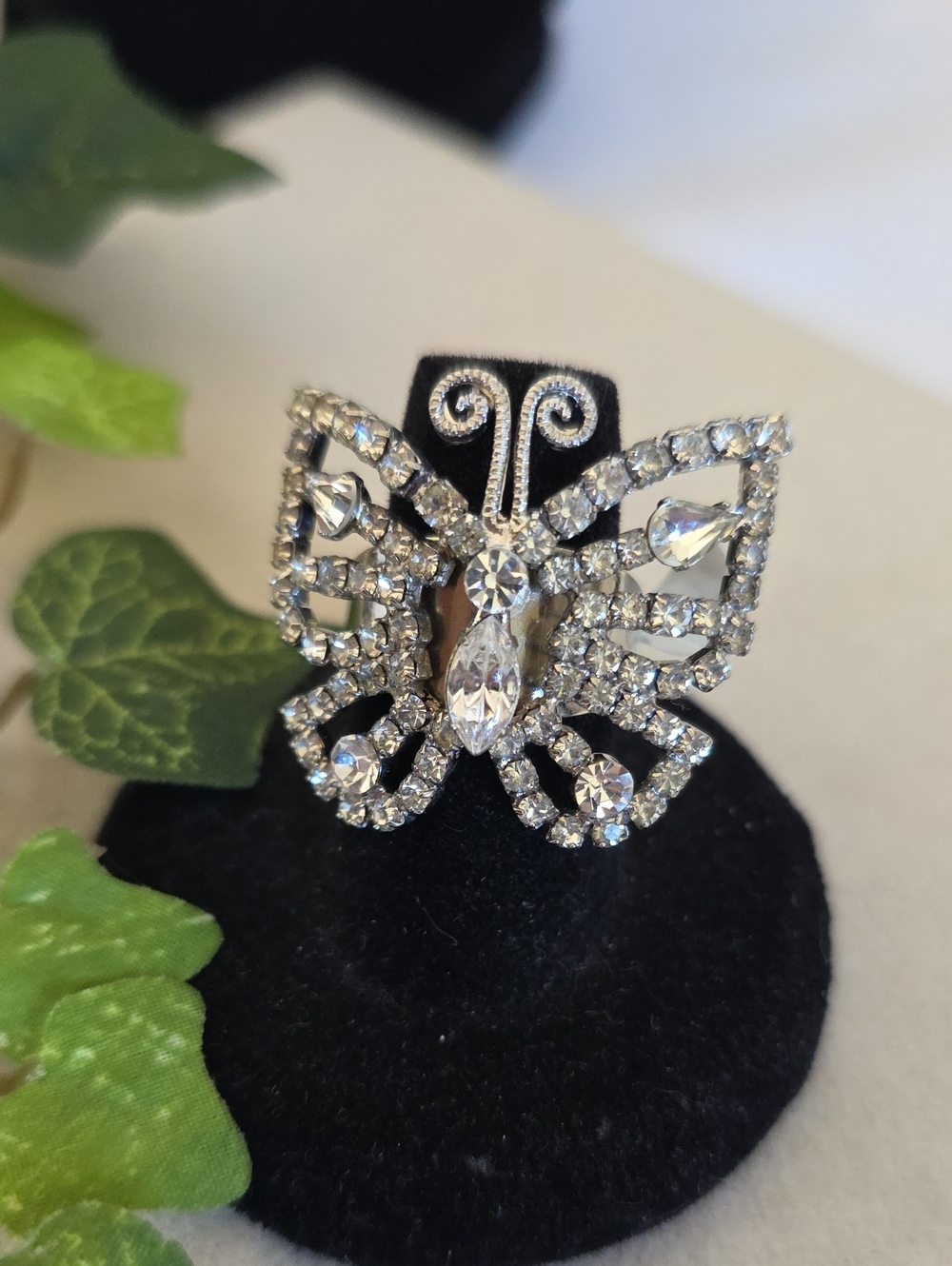 Vintage Silver Rhinestone Butterfly Ring Adjustable Statement Cocktail Ring